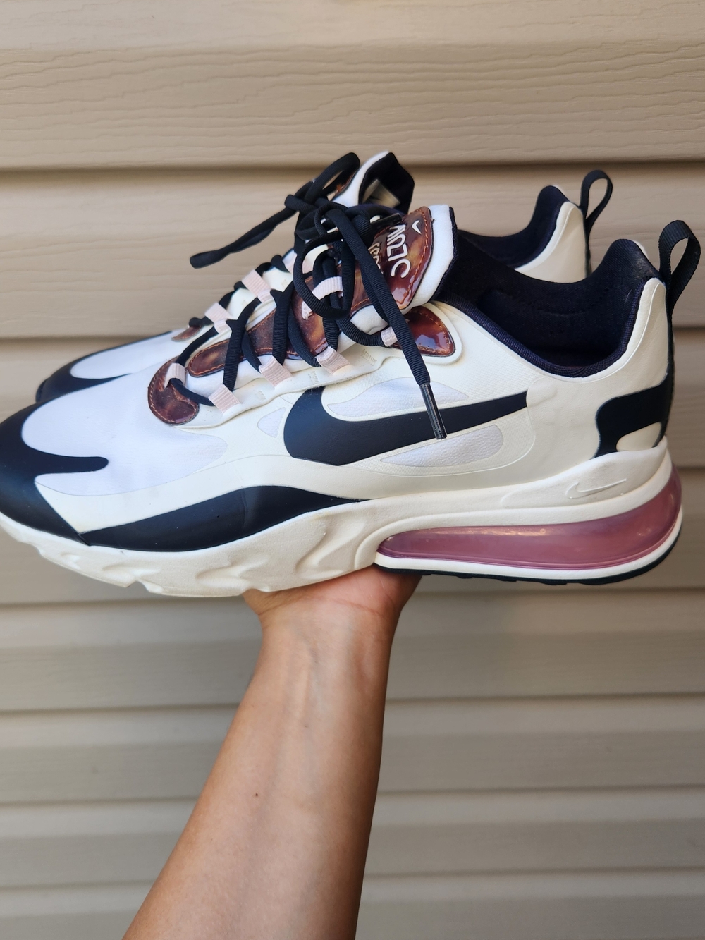 Nike Women’s Air Max 270 React — White & Black with Rose Accent